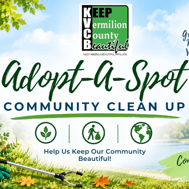 Text promoting an "Adopt-A-Spot Community Clean Up" is layered over a bright outdoor scene featuring a rake on a grassy foreground and a soft-focus landscape with a lake in the background.