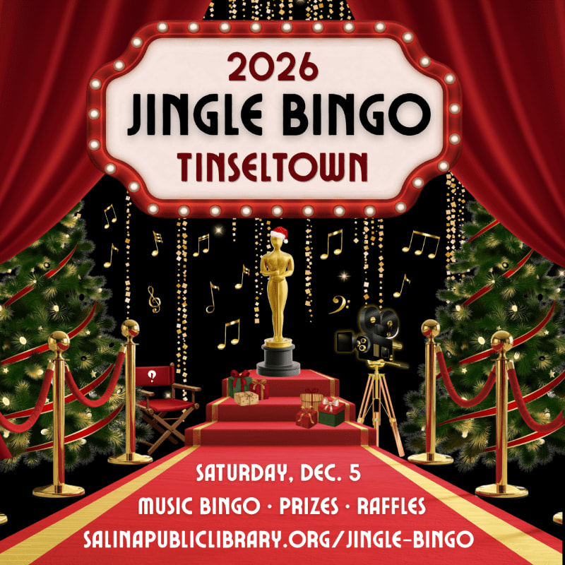 A red carpet leads toward a gold trophy and movie camera, framed by Christmas trees and red curtains under a large "Jingle Bingo" sign.