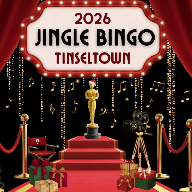 A gold Oscar statue wearing a Santa hat stands on a red-carpeted staircase surrounded by gifts and a movie camera, set against a black background with gold musical notes and a large "2026 Jingle Bingo Tinseltown" sign.