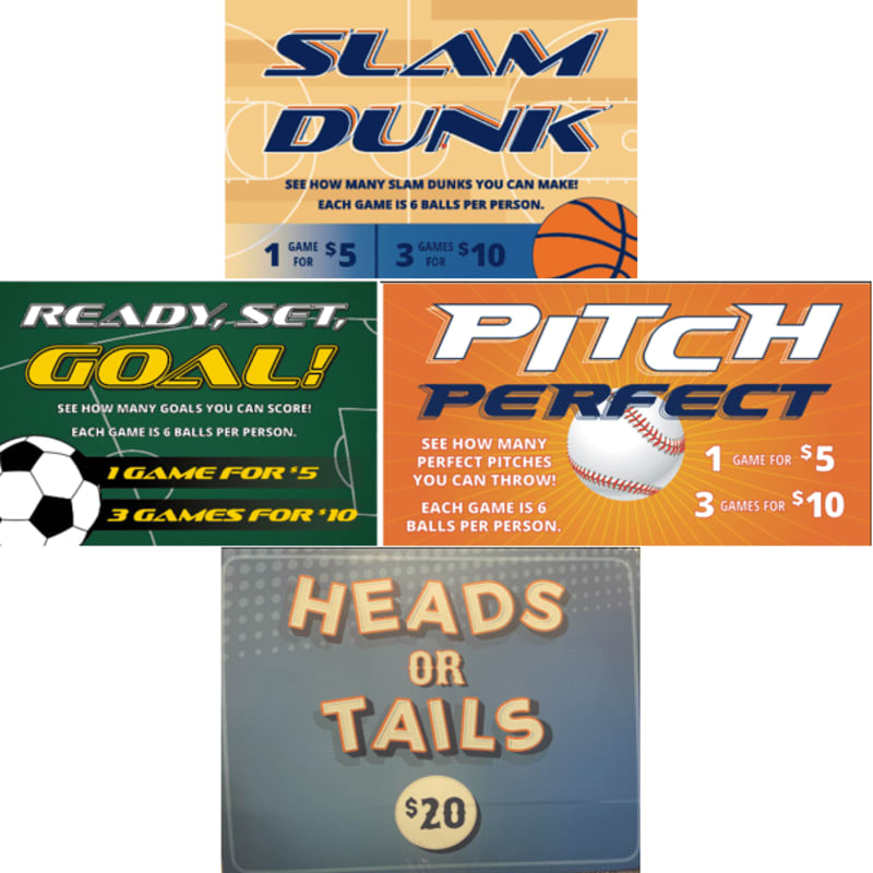 Four colorful carnival game signs for basketball, soccer, baseball, and a coin toss are arranged in a grid against a plain white background.