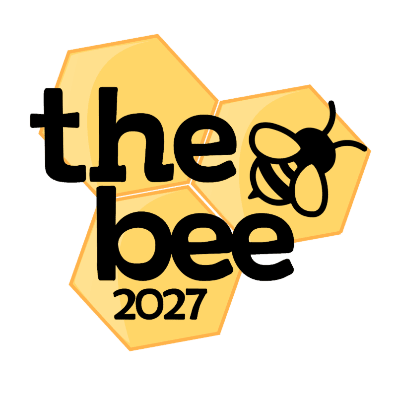 Black text reading "the bee 2027" and a bee icon sit atop yellow honeycomb hexagons against a plain white background.