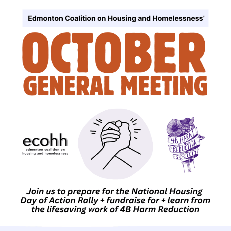 Orange and black text announcing an October general meeting sits in the foreground against a plain white background featuring logos and a line drawing of clasped hands.