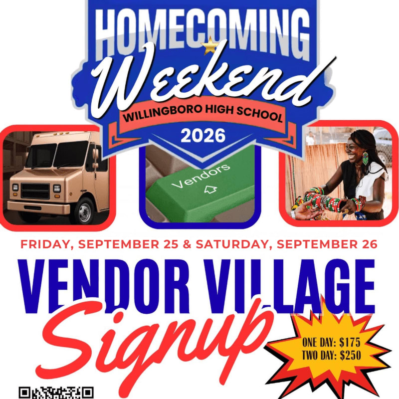 A promotional flyer for Willingboro High School's 2026 Homecoming Weekend Vendor Village features event details and pricing in the foreground against a white background with themed images.