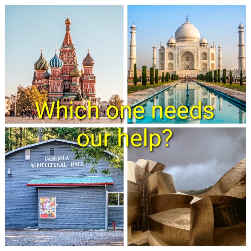 Four distinct architectural structures are displayed in a grid with the yellow text "Which one needs our help?" overlaid in the center.