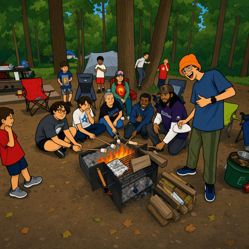 A group of friends roast marshmallows over a campfire in a forest clearing with tents and trees in the background.