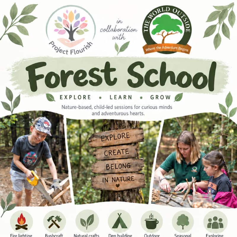 A promotional flyer for a Forest School features children and an instructor engaging in outdoor activities in the foreground, with logos and descriptive text set against a white background with leaf accents.