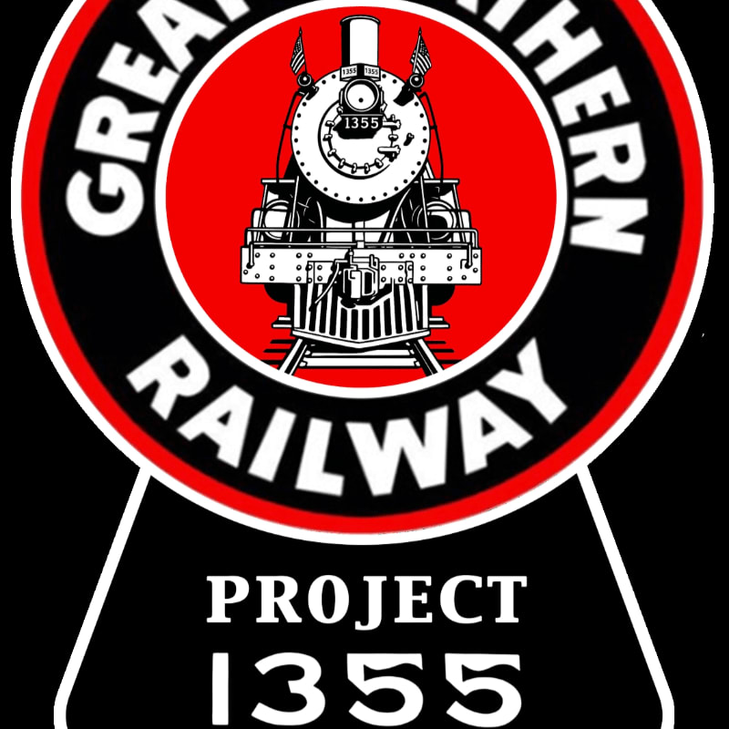 A white steam locomotive is centered within a red circle, surrounded by a black ring with the text "GREAT SOUTHERN RAILWAY" and a black base reading "PROJECT 1355" against a black background.