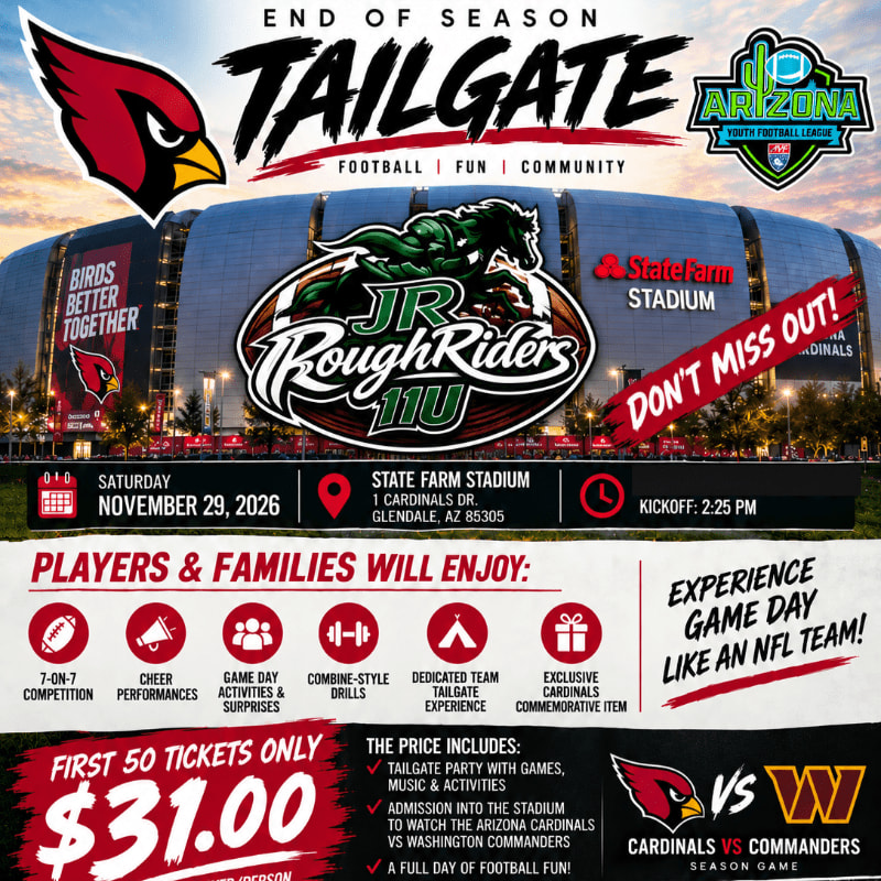 A promotional flyer for a youth football tailgate event features the JR RoughRiders logo and Arizona Youth Football League branding in the foreground, set against a background of State Farm Stadium.
