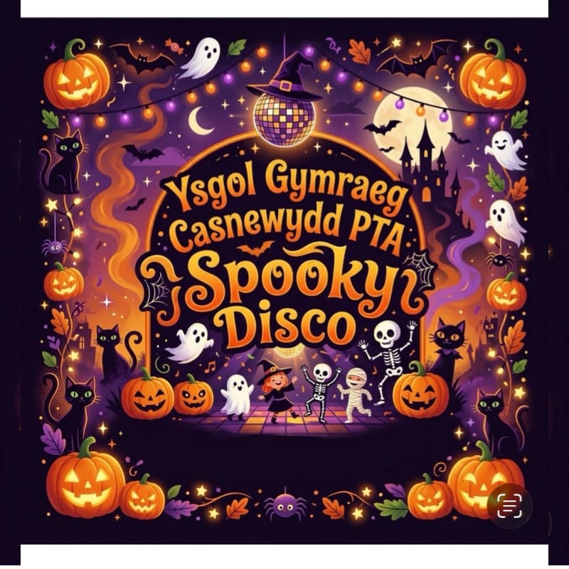 A colorful Halloween poster features dancing skeletons, ghosts, and black cats in the foreground, set against a backdrop of a spooky castle, a full moon, and a disco ball wearing a witch's hat.