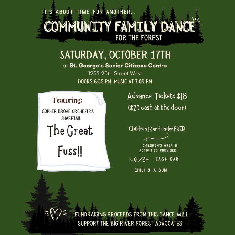 White text and a white paper note detailing a community family dance event are set against a dark green background featuring silhouettes of pine trees.