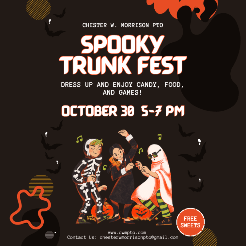Three children in Halloween costumes stand with pumpkins in the foreground against a dark background featuring event text and spooky silhouettes.
