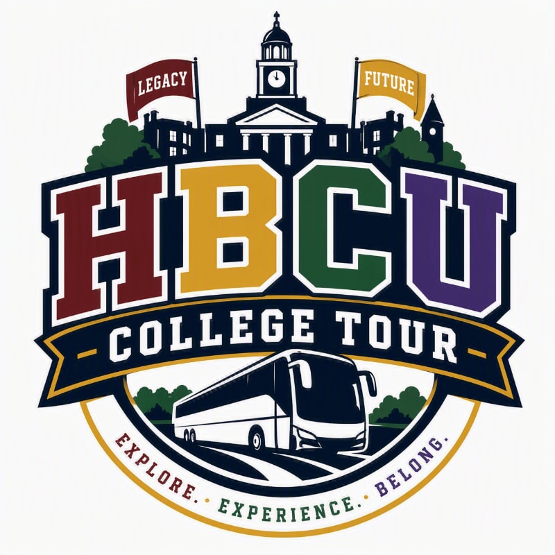A colorful "HBCU COLLEGE TOUR" logo features a tour bus in the foreground, bold multicolored lettering in the center, and a university building with "LEGACY" and "FUTURE" flags in the background.