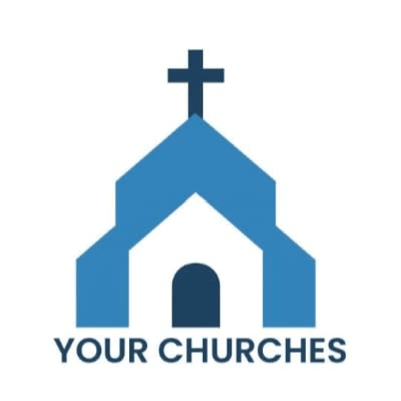 A stylized blue church with a cross on top stands against a white background, with the words "YOUR CHURCHES" below it.