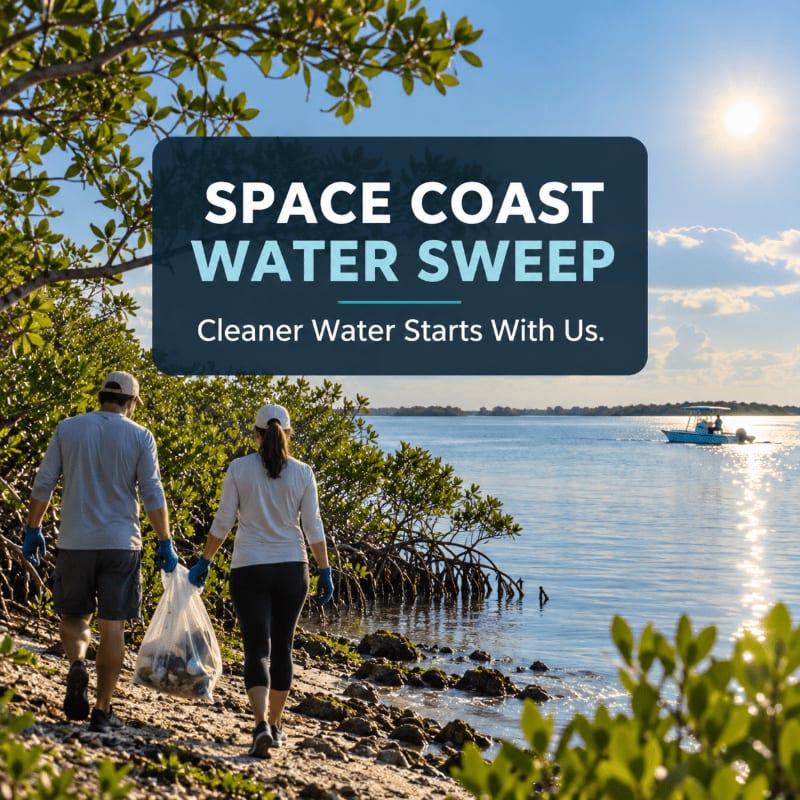 Two people collect trash in bags along a shoreline in the foreground, with a calm body of water and a distant boat under a bright sun in the background.