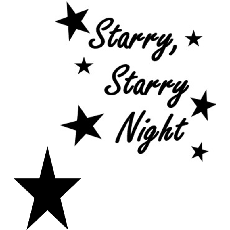 Black cursive text reading "Starry, Starry Night" and several black stars are set against a plain white background.