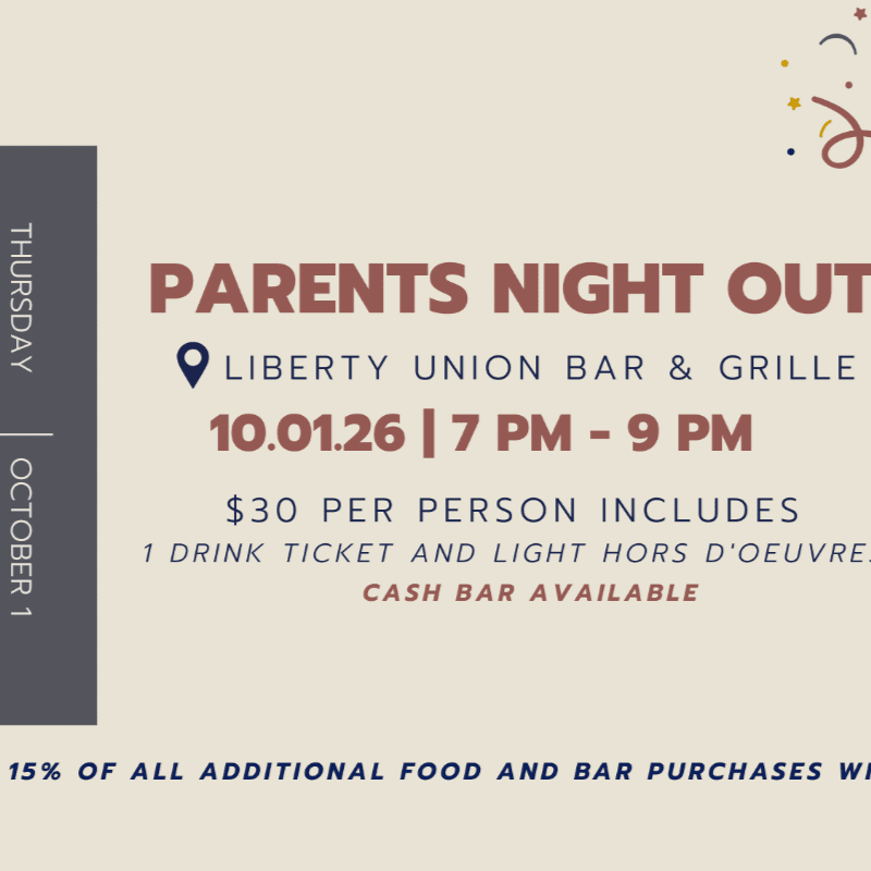 Text detailing a "Parents Night Out" event at Liberty Union Bar & Grille is centered on a light beige background with a dark grey sidebar on the left.
