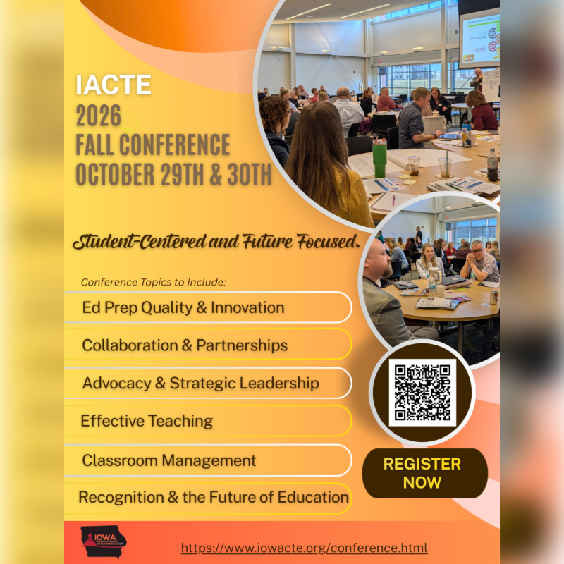 A promotional flyer for the IACTE 2026 Fall Conference features event details and a QR code in the foreground, with photos of conference attendees in the background.
