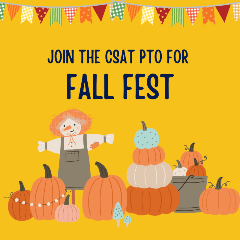 A smiling scarecrow and a variety of pumpkins sit in the foreground against a yellow background featuring festive bunting and text announcing a "Fall Fest."