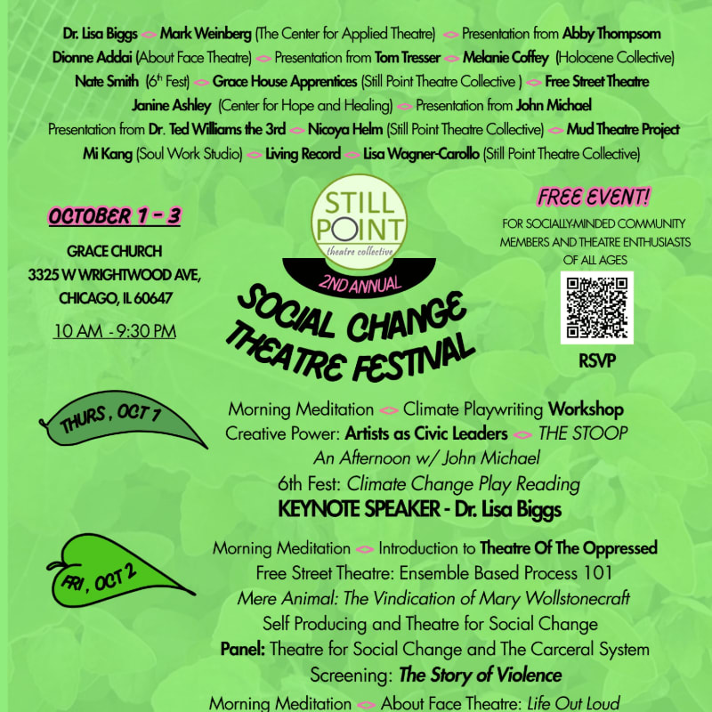 A green promotional flyer for the 2nd Annual Social Change Theatre Festival features event details and a list of participants in the foreground against a light green background.