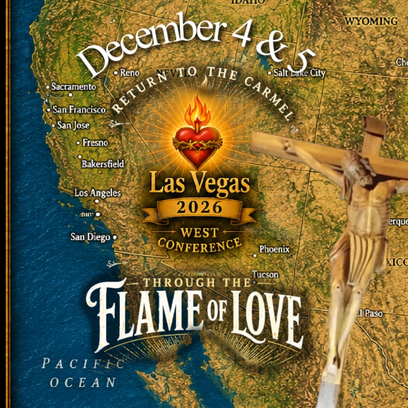 A crucifix stands in the foreground against a background featuring a map of the Western United States and text announcing a conference in Las Vegas.