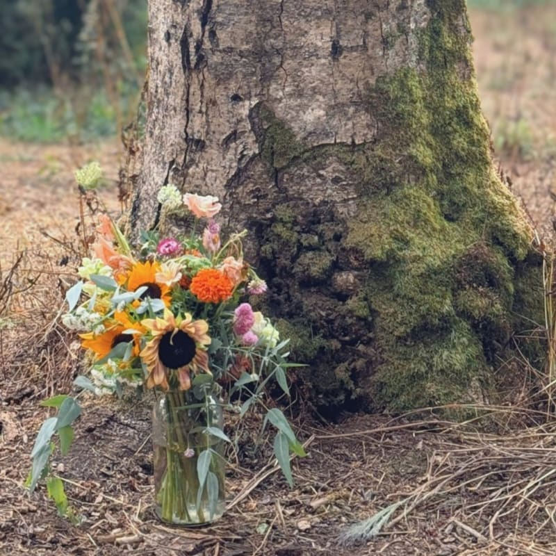 A vibrant bouquet of sunflowers and other flowers sits in a glass vase at the base of a moss-covered tree trunk, with a blurred forest floor in the background.