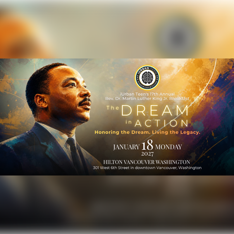 A portrait of Martin Luther King Jr. is positioned on the left against a golden, textured background featuring event details for "The Dream in Action" breakfast.