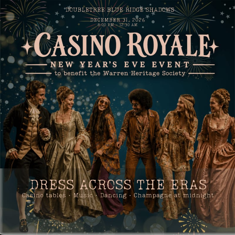 Six people dressed in diverse historical costumes stand in the foreground against a dark blue background featuring fireworks and event text for a "Casino Royale" New Year's Eve party.