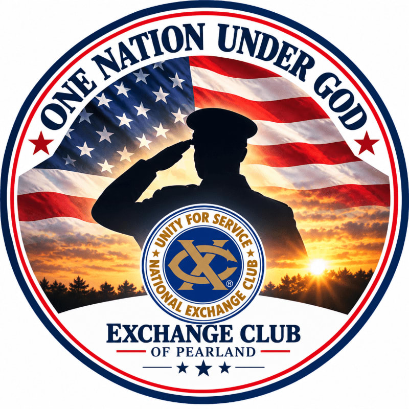 A saluting soldier's silhouette and a service club logo sit in the foreground against a background of the American flag and a sunset over a forest.
