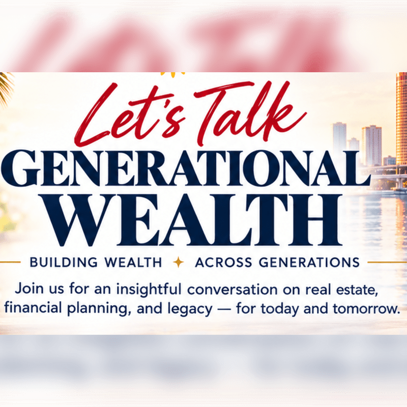Bold text promoting a conversation on generational wealth is layered over a blurred cityscape and waterfront background.