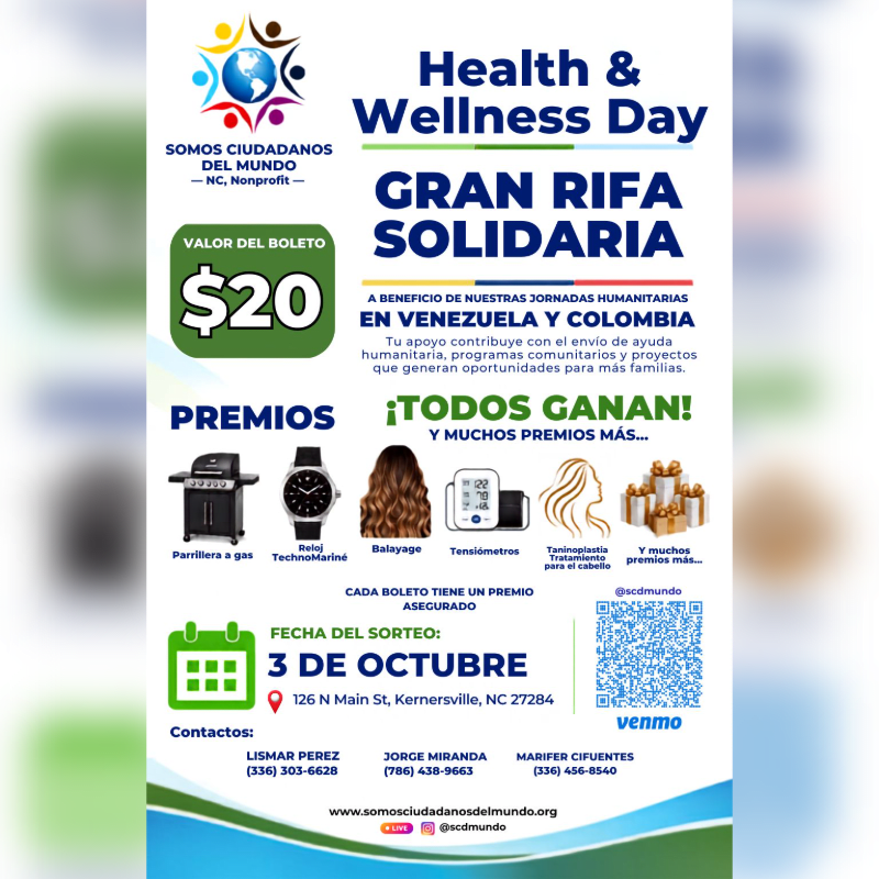 A promotional flyer for a "Health & Wellness Day" charity raffle features event details and prize images in the foreground against a clean white background with blue and green accents.