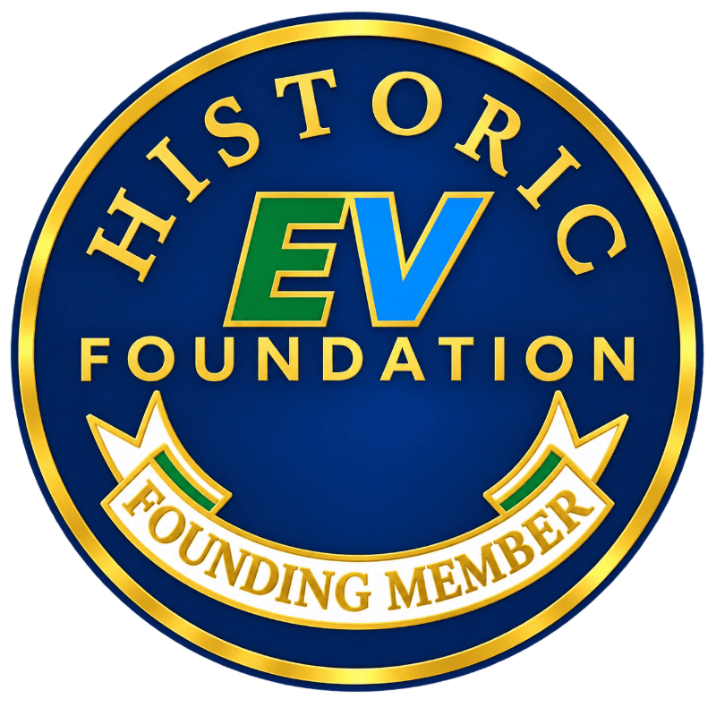 A circular blue logo with gold borders features the text "HISTORIC EV FOUNDATION" and a "FOUNDING MEMBER" ribbon against a plain white background.