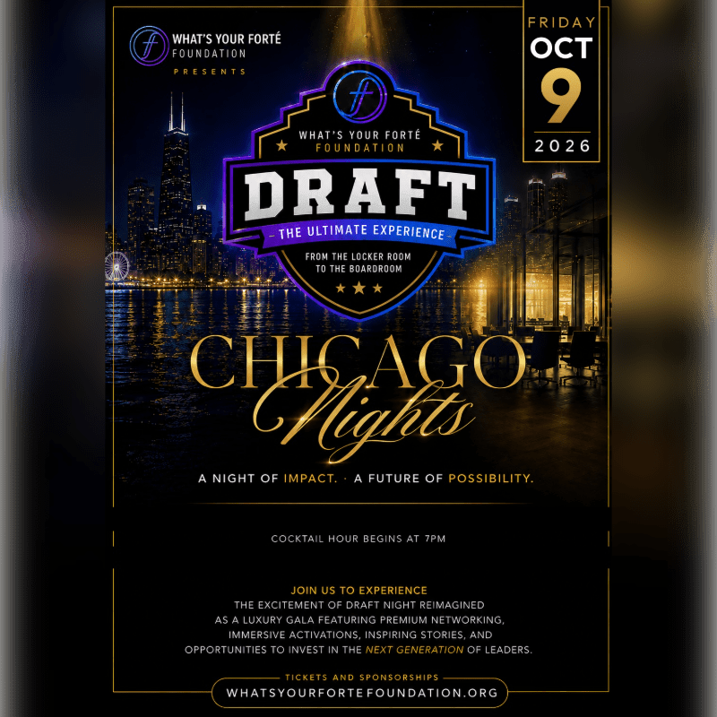 A promotional event flyer for "Draft: The Ultimate Experience" features bold gold and white text in the foreground set against a nighttime cityscape of Chicago.