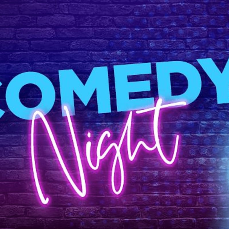 Bright blue and neon pink text reading "COMEDY Night" is set against a dark purple brick wall background.