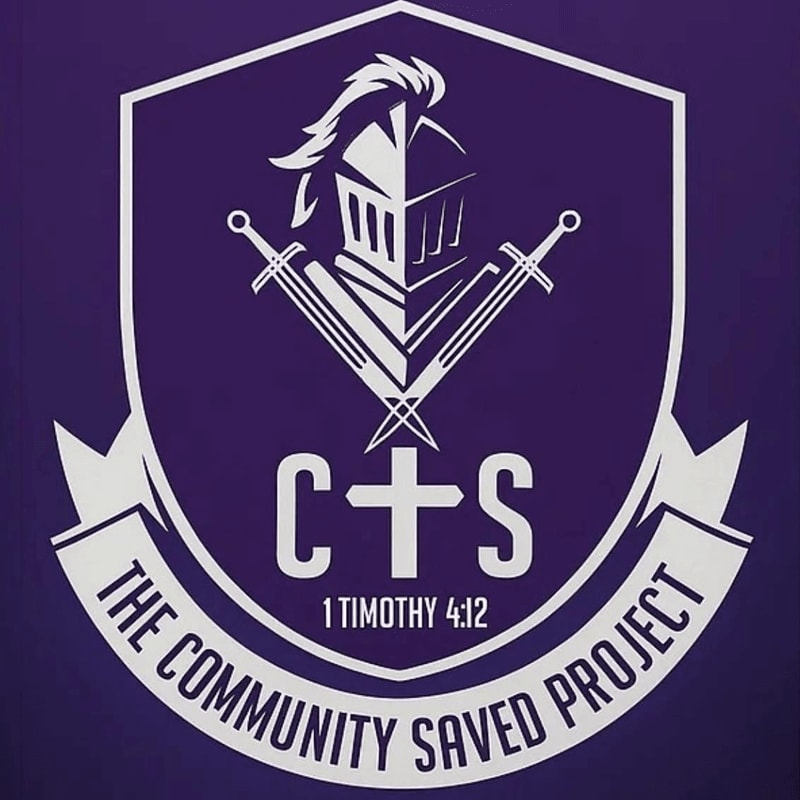 A white shield emblem featuring a knight's helmet, crossed swords, and the text "C+S" and "THE COMMUNITY SAVED PROJECT" is set against a solid purple background.