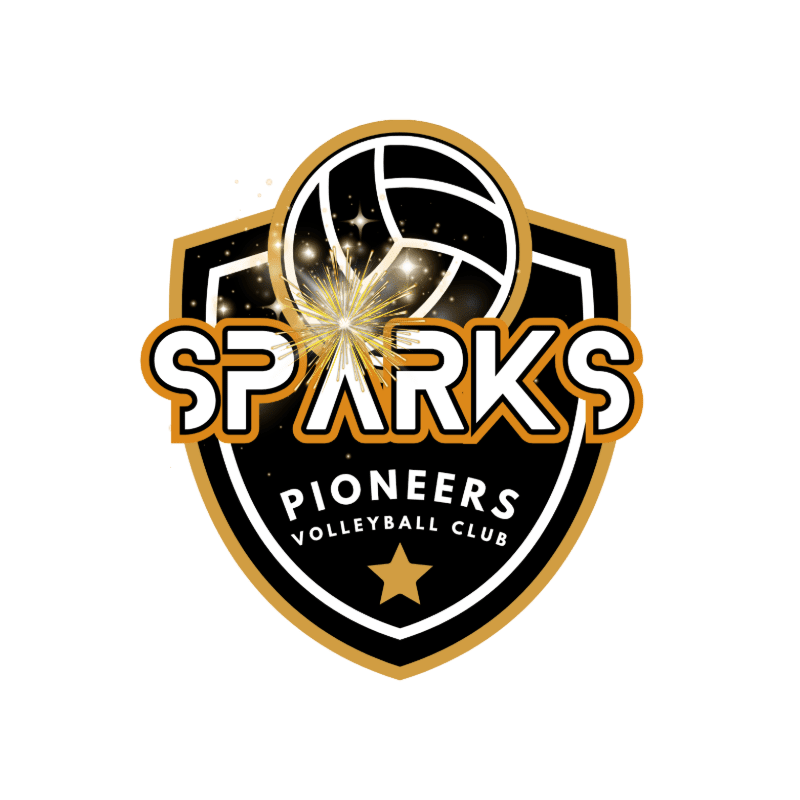 A logo for "Sparks Pioneers Volleyball Club" featuring a volleyball and a spark effect in the foreground against a black and gold shield background.