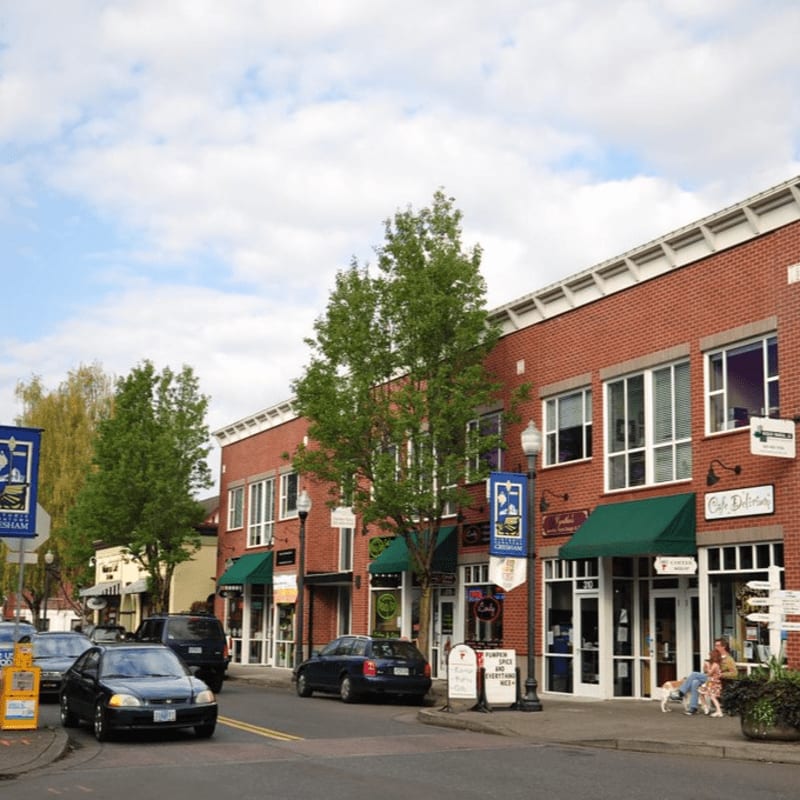Cars are parked along a street in the foreground, while red brick buildings and green trees stand under a cloudy sky in the background.