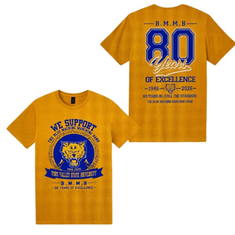 Two gold t-shirts, showing the front and back designs, are displayed against a plain white background.