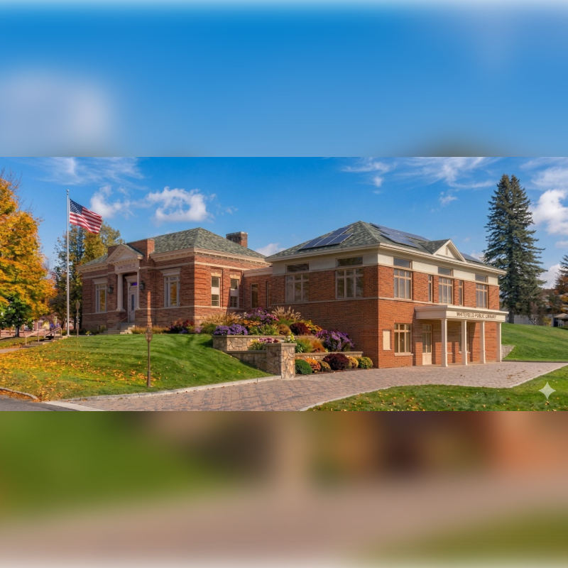 A brick public library with solar panels sits behind a paved driveway and manicured green lawn under a bright blue sky.