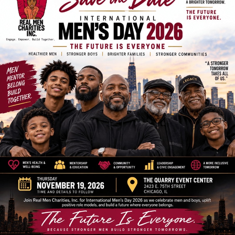 A group of smiling Black men and boys of various ages stand in the foreground against a blurred city skyline background, all framed within a promotional flyer for International Men's Day 2026.