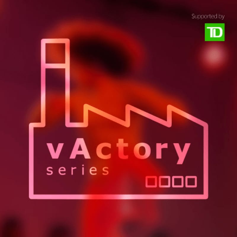 A pink neon outline of a factory with the text "vActory series" sits against a blurred, dark red background.