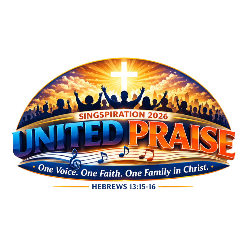 Silhouetted figures with raised hands are in the foreground under a glowing cross and sunset, with the words "UNITED PRAISE" and "SINGSPIRATION 2026" prominently displayed.