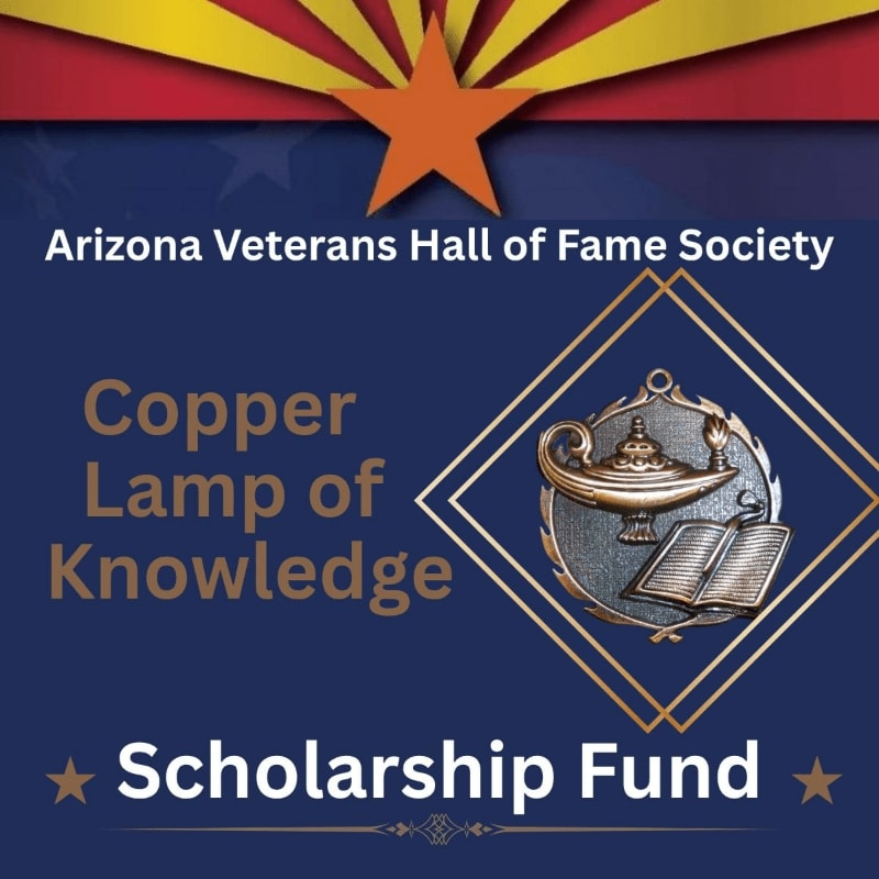 A copper lamp and open book are centered against a dark blue background, topped by the Arizona state flag's sunburst and star.