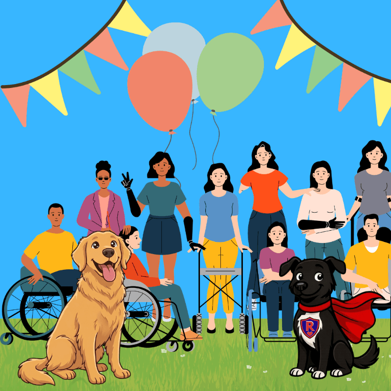A diverse group of people and two dogs pose together on a grassy field under colorful balloons and bunting against a blue background.