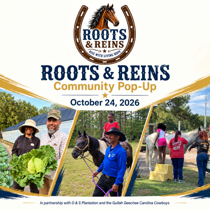 A promotional flyer for the "Roots & Reins Community Pop-Up" features a horse-head logo and event date in the foreground, with photos of people with produce and horses in the background.