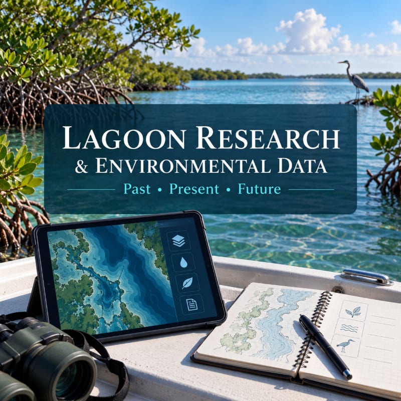 A tablet, notebook, and binoculars sit in the foreground of a boat, set against a background of a tropical lagoon with mangroves and a heron.