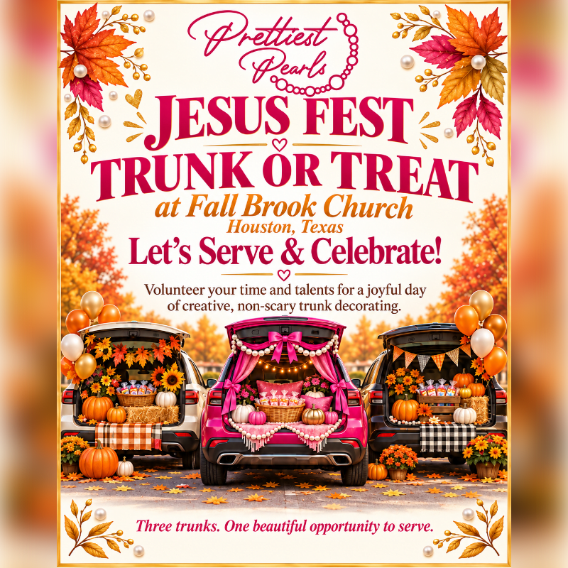 Three decorated car trunks filled with autumn treats sit in the foreground against a background of golden fall foliage and festive text.