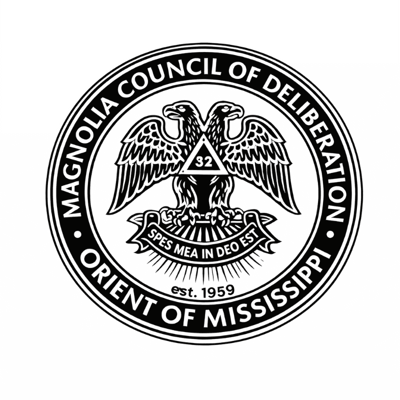 A black and white circular emblem featuring a double-headed eagle and a triangle in the foreground against a plain white background.