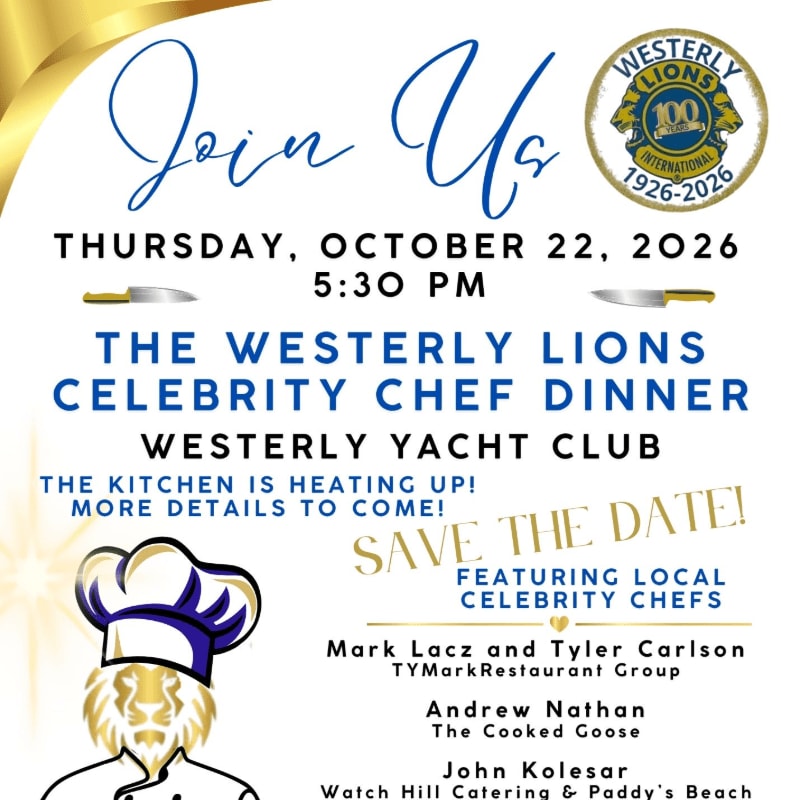 An event flyer for The Westerly Lions Celebrity Chef Dinner features blue and gold text and a chef-hatted lion illustration in the foreground against a clean white background with a gold accent curve.