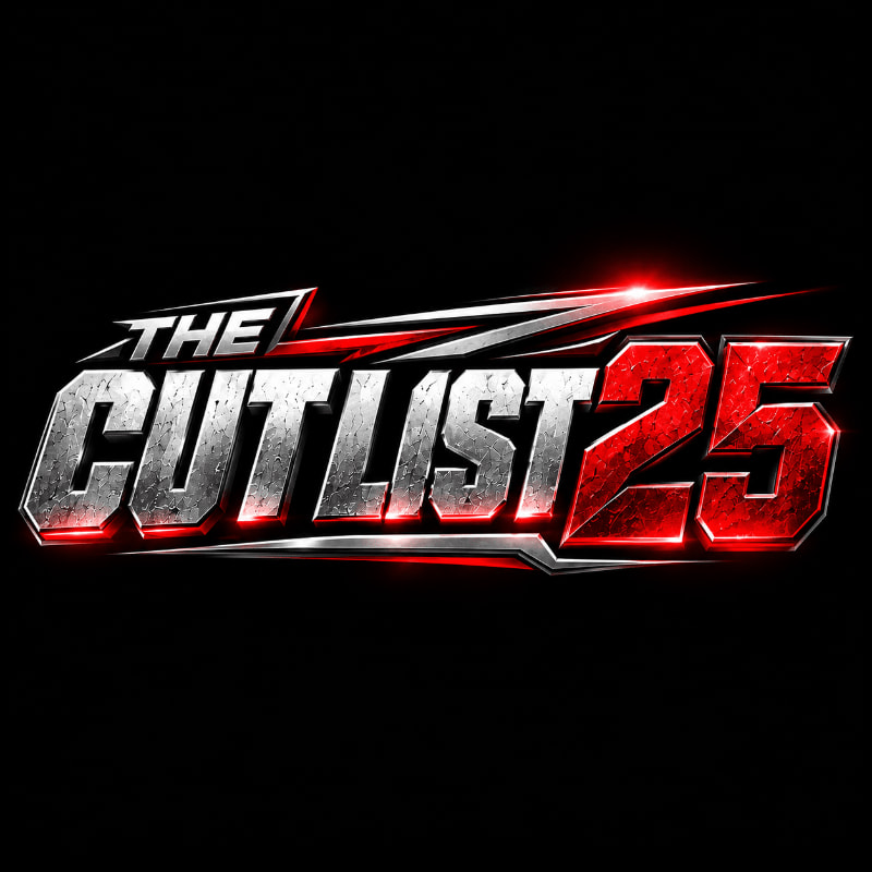 Stylized text reading "THE CUTLIST 25" in metallic silver and red is centered against a solid black background.