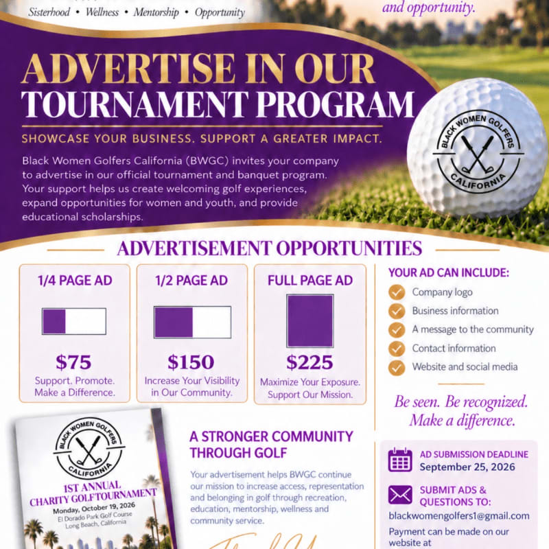 A promotional flyer for the Black Women Golfers California tournament program features a golf ball in the foreground against a blurred green golf course background.